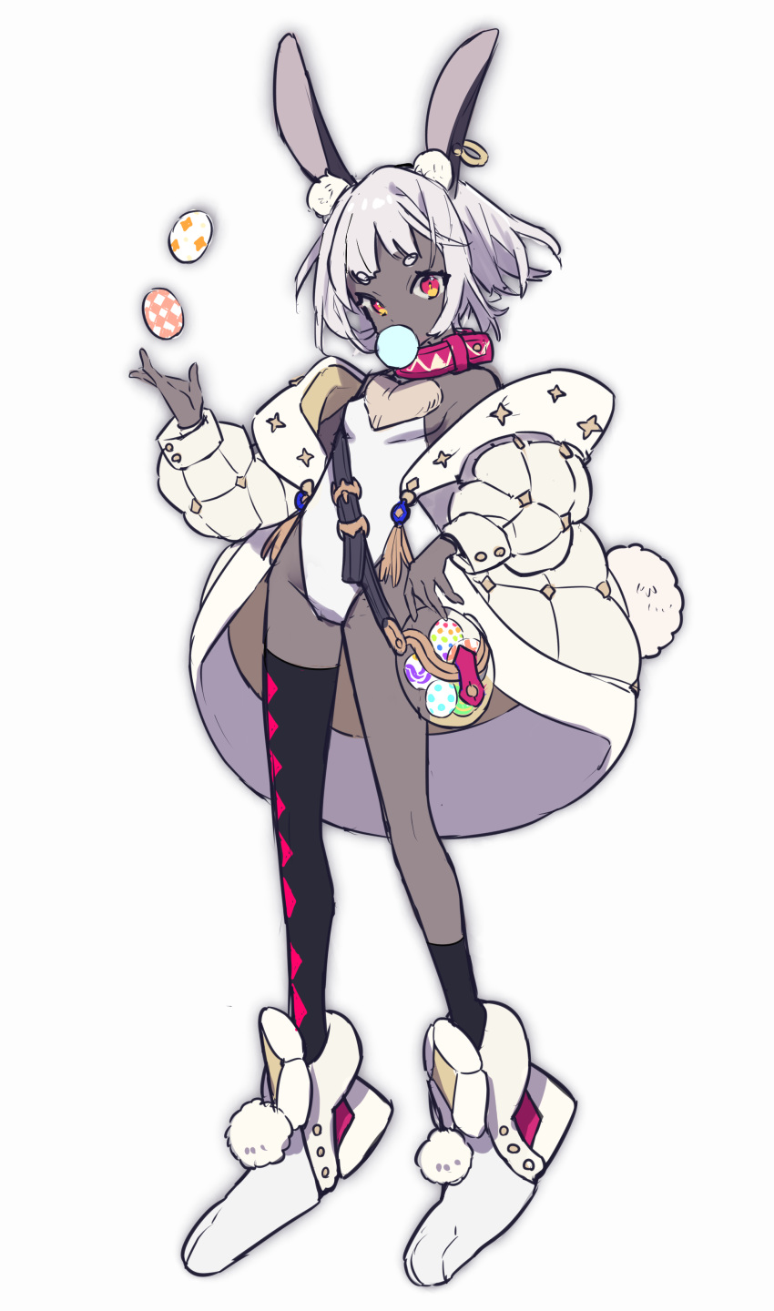 1girl absurdres animal_ears bad_id bad_twitter_id bag belt_collar black_legwear breasts coat collar dark_skin earrings easter_egg egg full_body hand_up highres jewelry leotard long_sleeves looking_at_viewer off-shoulder_coat original paw_boots pom_pom_(clothes) rabbit_ears red_eyes shoulder_bag simple_background single_sock single_thighhigh small_breasts socks sogawa solo thigh-highs white_background white_coat white_leotard