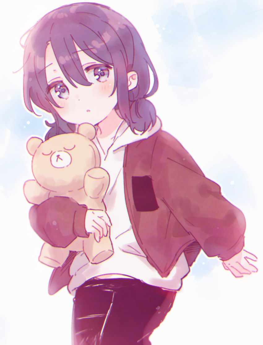 1girl absurdres adachi_sakura adachi_to_shimamura blue_eyes blue_hair child commentary_request eyebrows_visible_through_hair hair_between_eyes highres holding holding_stuffed_toy jacket light_blush red_jacket sorimachi-doufu stuffed_animal stuffed_toy teddy_bear