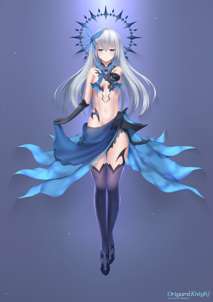 1girl absurdres bare_shoulders black_gloves black_legwear blue_bow blue_dress blue_eyes blush bow breasts commentary_request crown date_a_live dress dress_tug elbow_gloves expressionless full_body gloves groin hair_between_eyes hair_bow highres legs legs_together long_hair looking_at_viewer medium_breasts midriff navel origamiknight outstretched_arm reaching_out revealing_clothes signature silver_hair solo thighs tobiichi_origami very_long_hair