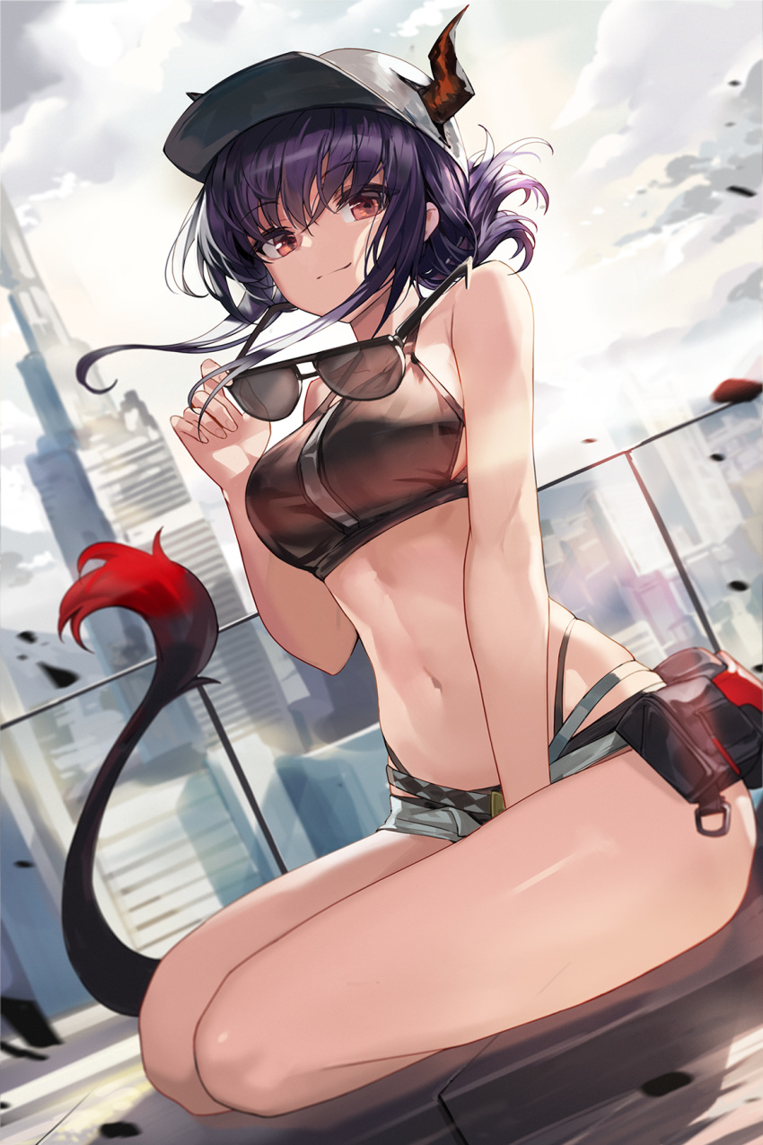 1girl arknights bare_arms bare_shoulders baseball_cap between_legs bikini black_bikini breasts building ch'en_(arknights) day denim denim_shorts dragon_horns dragon_tail dutch_angle eyewear_removed goomrrat grey_headwear hat highres holding holding_eyewear horns large_breasts looking_at_viewer micro_shorts midriff navel outdoors pouch purple_hair red_eyes short_hair shorts sitting smile solo stomach sunglasses swimsuit tail thighs