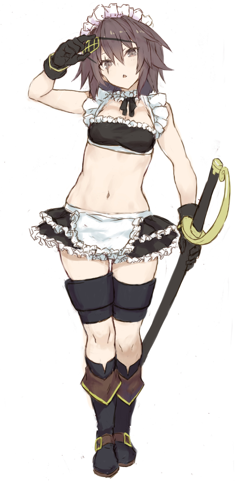 1girl absurdres alternate_costume alternate_eye_color alternate_hair_color apron bikini bikini_top black_bikini black_footwear black_gloves boots breasts choker commentary enmaided eyepatch eyepatch_pull frilled_apron frilled_bikini frilled_choker frills full_body gloves goekawa head_tilt highres holding holding_weapon kantai_collection kiso_(kantai_collection) looking_at_viewer maid maid_apron maid_bikini maid_headdress miniskirt open_mouth pulled_by_self scar scar_across_eye short_hair skirt small_breasts standing swimsuit sword thigh_gap thighs waist_apron weapon white_apron