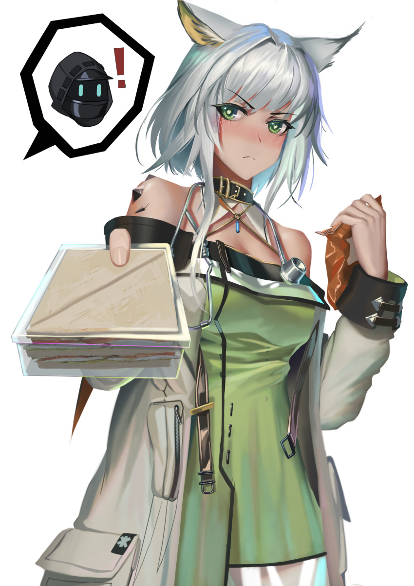 ! 1girl 1other absurdres arknights bare_shoulders blush breasts commentary_request doctor doctor_(arknights) dress eyebrows_visible_through_hair food giving green_dress green_eyes highres hood hooded_jacket jacket kaiser_aki kal'tsit_(arknights) looking_at_viewer medium_breasts offering originium_(arknights) sandwich silver_hair solo_focus stethoscope