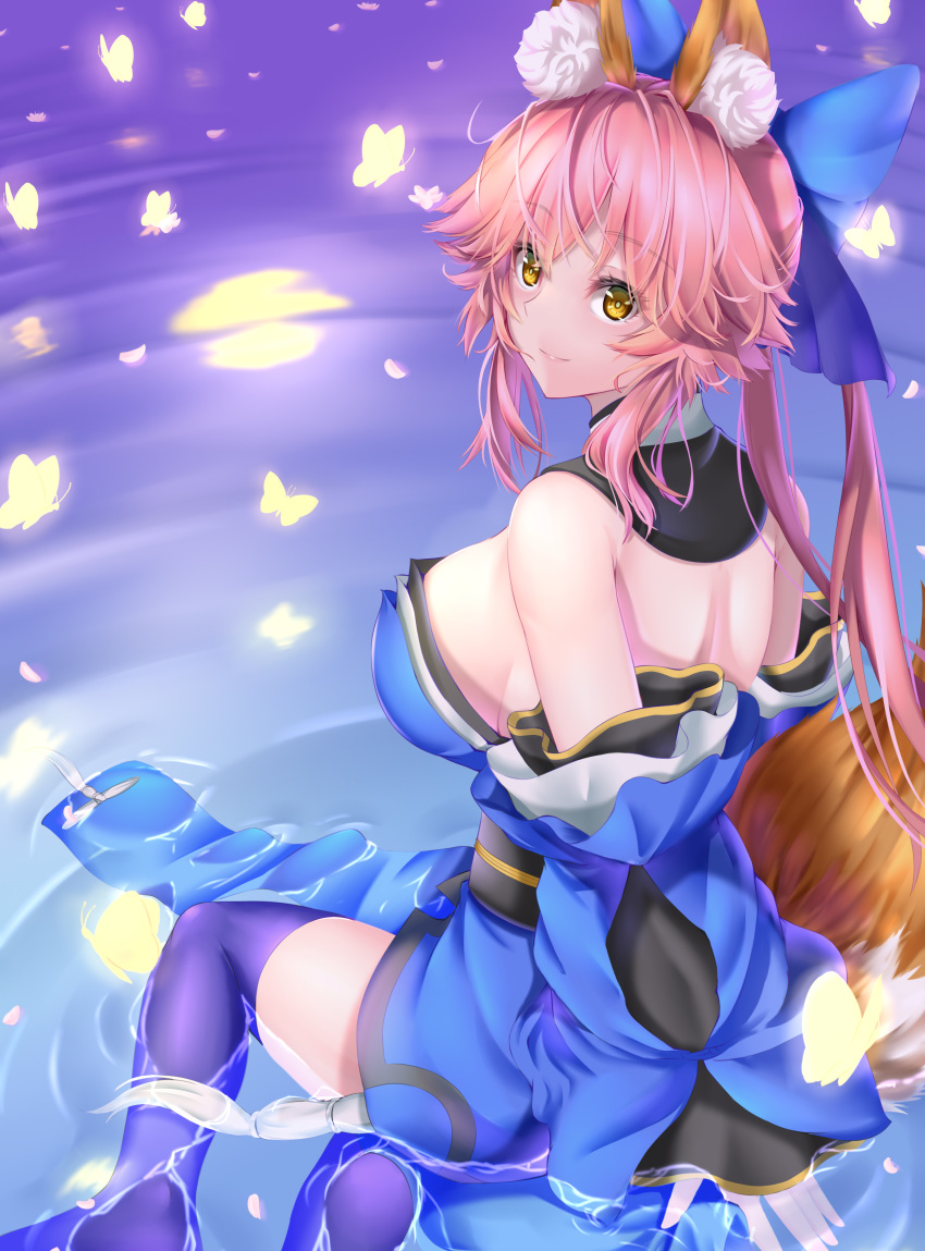 1girl absurdres animal_ear_fluff animal_ears back bangs bare_shoulders blue_kimono blue_legwear blush breasts bug butterfly fate/extra fate_(series) fox_ears fox_girl fox_tail hair_between_eyes highres insect japanese_clothes kamehito kimono large_breasts long_hair long_sleeves looking_at_viewer looking_back pink_hair ripples sidelocks sitting smile tail tamamo_(fate)_(all) tamamo_no_mae_(fate) thigh-highs water yellow_eyes