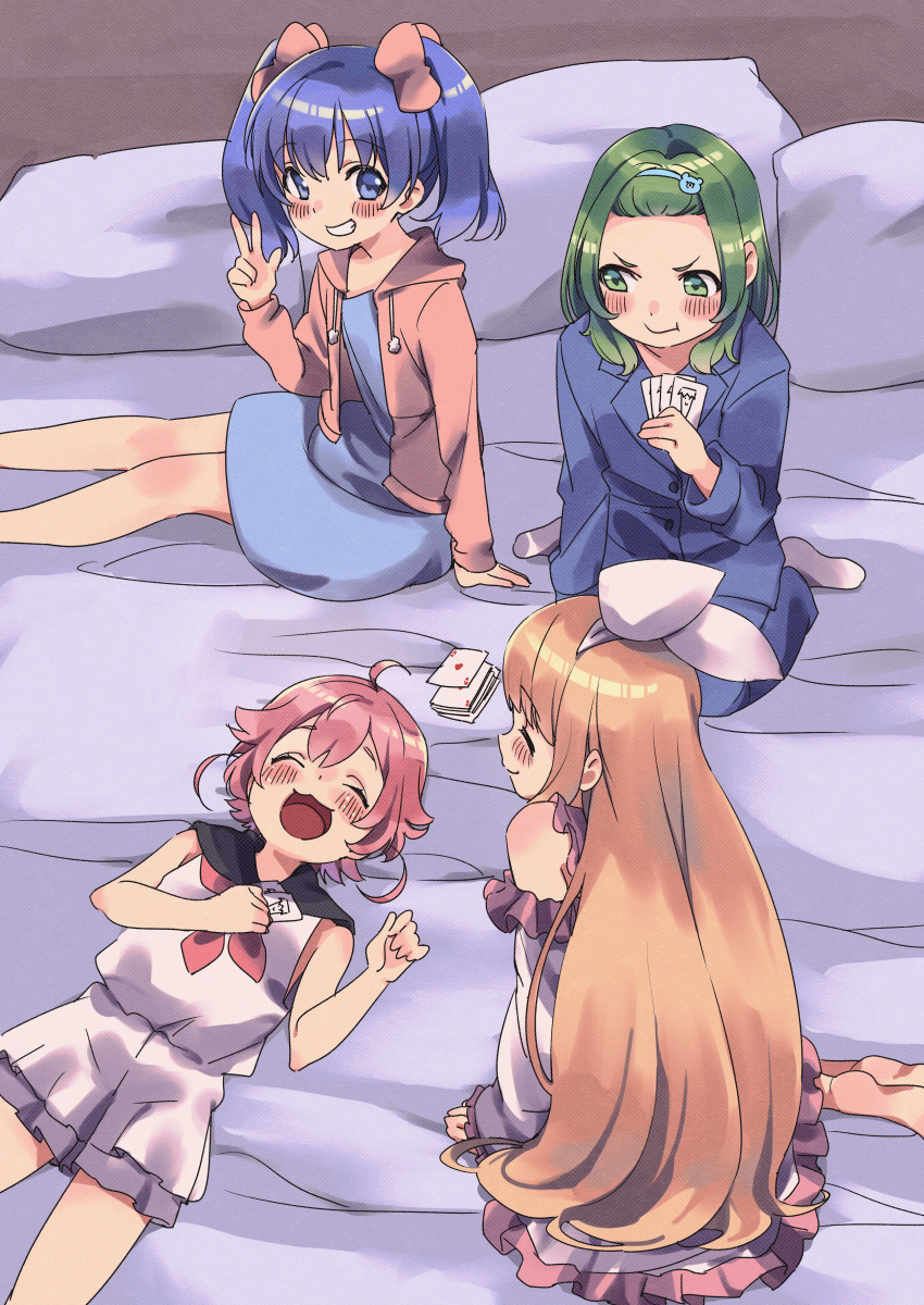 4girls ^_^ ^o^ absurdres ahoge bangs bed blanket blonde_hair blue_eyes blue_hair blush card closed_eyes closed_mouth commentary_request eyebrows_visible_through_hair grin hair_between_eyes hair_ribbon highres holding holding_card kuma_daigorou laughing long_hair looking_at_viewer lying medium_hair mononobe_alice morinaka_kazaki multiple_girls nijisanji on_back open_mouth pajamas pillow pink_hair playing_card playing_games ribbon shiny shiny_hair short_hair sitting sketch smile socks teeth twintails ushimi_ichigo v-shaped_eyebrows virtual_youtuber w white_ribbon yuuki_chihiro