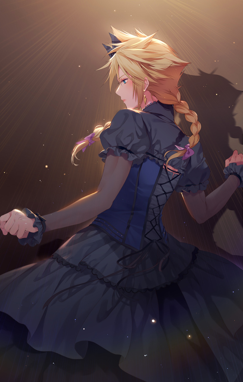 1boy bangs black_dress blonde_hair blue_eyes bow braid cloud_strife crossdressinging dress earrings final_fantasy final_fantasy_vii final_fantasy_vii_remake frilled_sleeves frills from_behind hair_bow highres hmniao jewelry male_focus pink_bow solo spiky_hair standing twin_braids