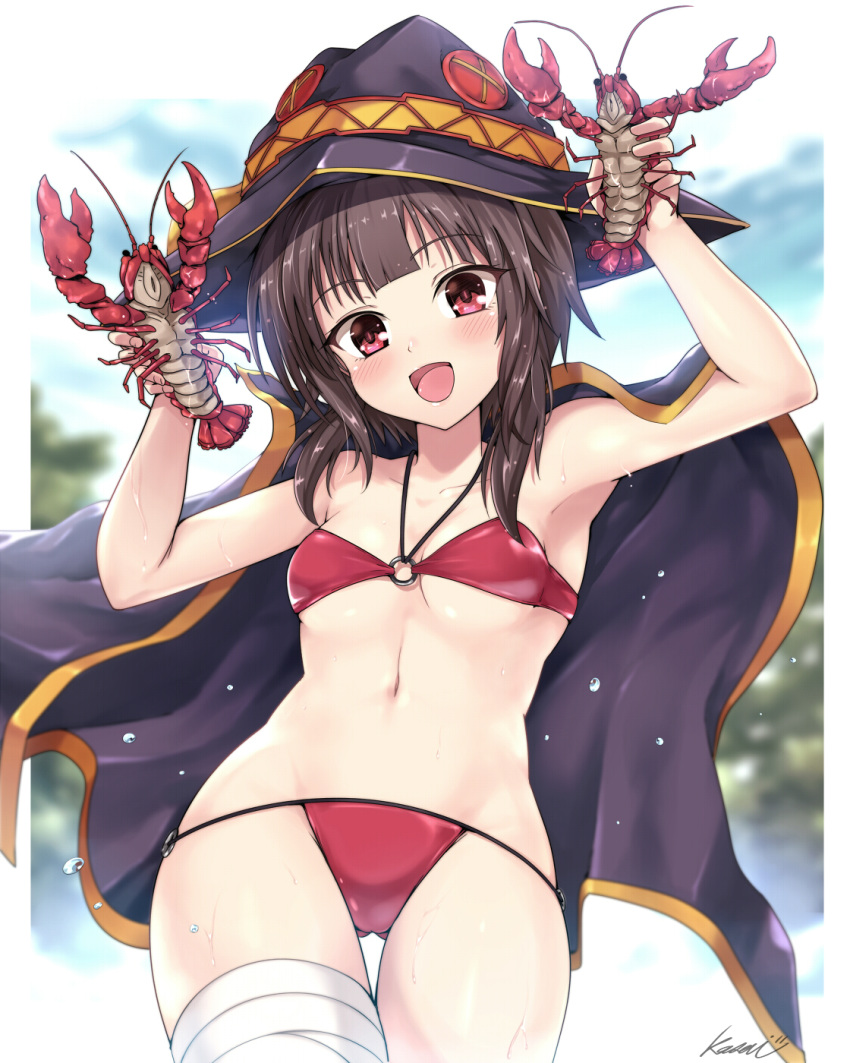 1girl 2others ass_visible_through_thighs bandaged_leg bandages bikini black_cape black_hair blue_sky breasts cape clouds commentary_request cowboy_shot day hat highres kasai_shin kono_subarashii_sekai_ni_shukufuku_wo! lobster looking_at_viewer megumin multiple_others o-ring o-ring_bikini o-ring_top open_mouth outdoors red_bikini red_eyes short_hair sky small_breasts smile swimsuit witch_hat