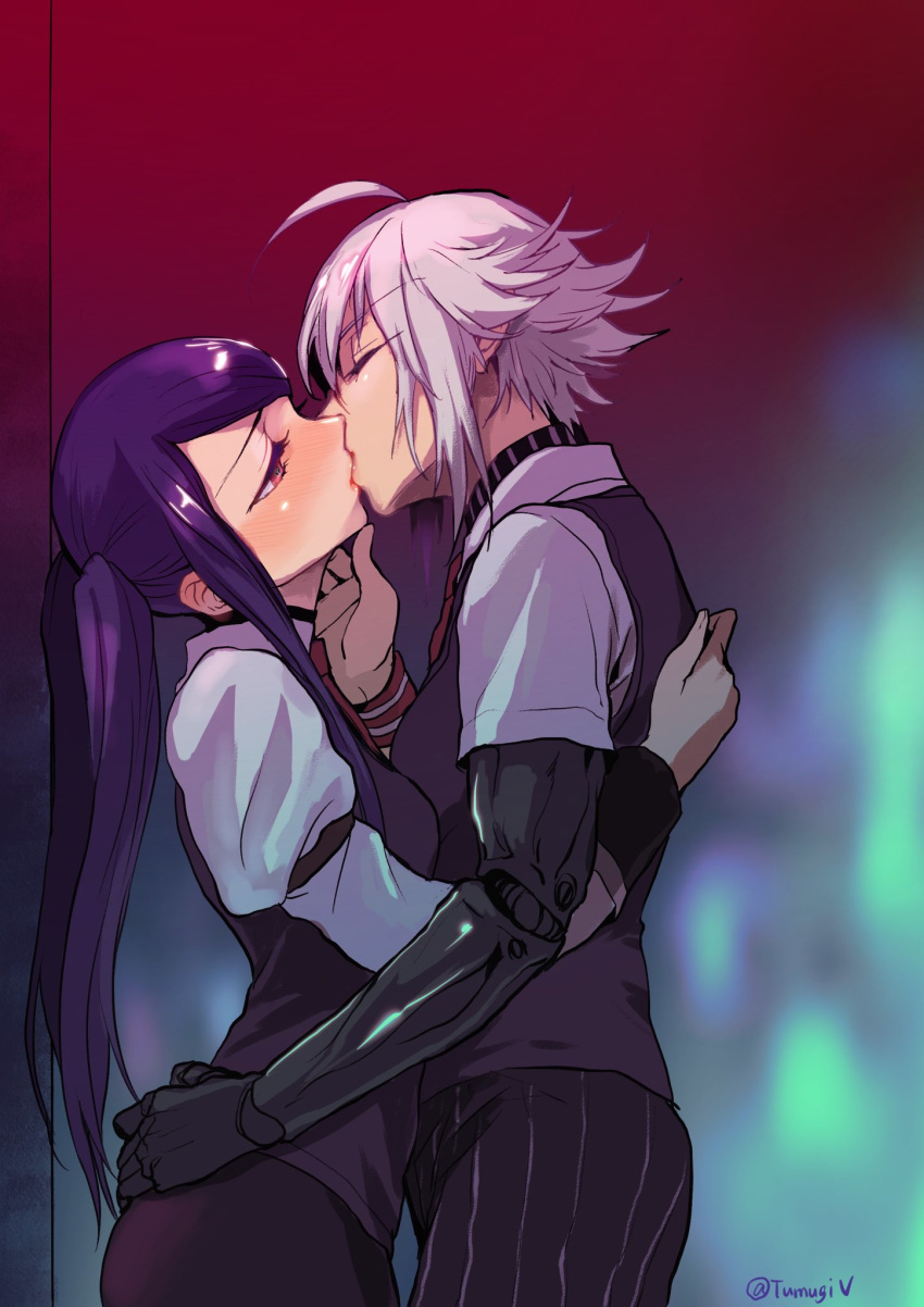 2girls ahoge bartender closed_eyes commentary_request cyberpunk cyborg dana_zane grey_hair height_difference highres jill_stingray joints kiss long_hair mechanical_arm mugitarou multiple_girls prosthesis prosthetic_arm purple_hair red_eyes robot_joints twintails va-11_hall-a vest yuri