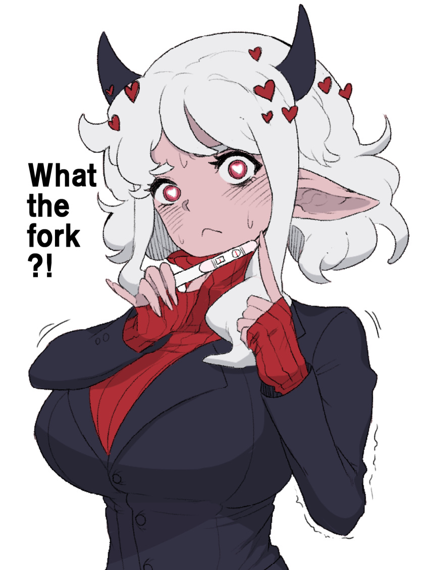 1girl black_horns black_suit blush breasts business_suit curly_hair demon_girl demon_horns fingernails formal heart heart-shaped_pupils helltaker highres holding horns huge_breasts large_breasts long_sleeves looking_at_viewer medium_hair modeus_(helltaker) monster_girl oh_(aung_ae) pink_skin pointy_ears pregnancy_test red_eyes red_sweater ribbed_shirt shirt short_hair simple_background sleeves_past_wrists solo standing suit sweater symbol-shaped_pupils tail turtleneck white_background white_hair