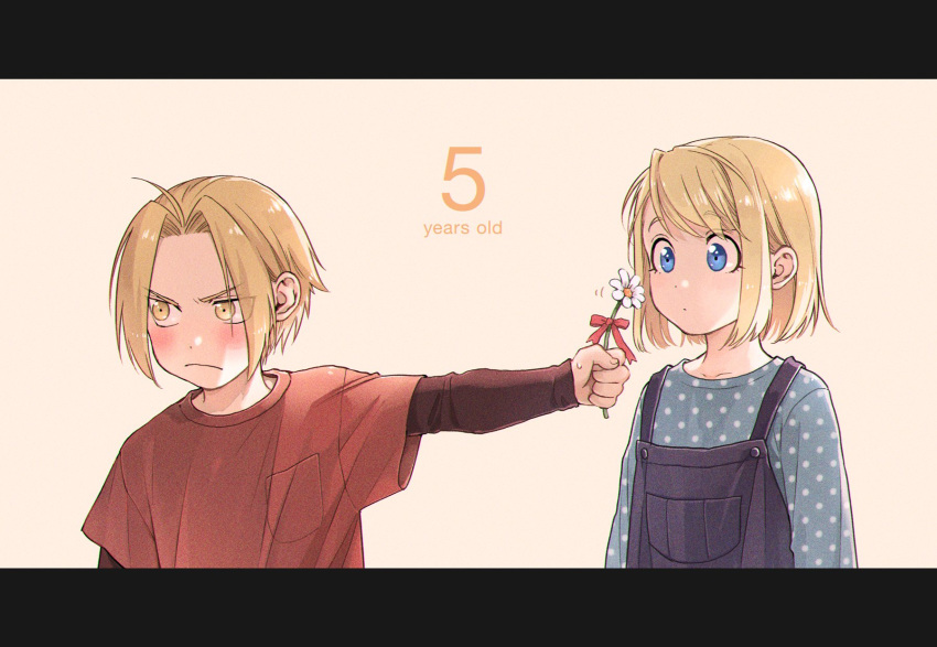 1boy 1girl bangs black_shirt blonde_hair blue_eyes blue_shirt blush closed_mouth edward_elric english_text eyebrows_visible_through_hair frown fullmetal_alchemist hanayama_(inunekokawaii) hetero highres letterboxed long_sleeves looking_at_another looking_away overalls parted_bangs polka_dot polka_dot_shirt red_shirt shirt short_hair short_over_long_sleeves short_sleeves swept_bangs t-shirt winry_rockbell yellow_eyes younger