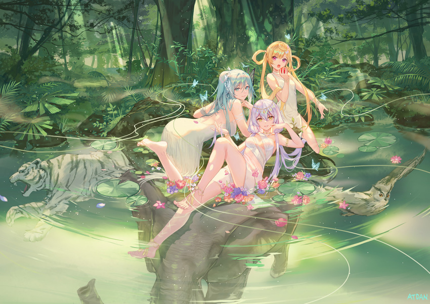 3girls :o all_fours animal aqua_eyes arm_up armpits atdan bare_arms bare_shoulders barefoot blonde_hair blue_hair breasts cangqiong dappled_sunlight dress food forest fruit hair_rings holding large_breasts light_rays long_hair looking_at_viewer looking_back low_twintails midriff multiple_girls nature open_mouth pond reclining red_eyes revealing_clothes ripples shian_(synthesizer_v) short_dress sleeveless sleeveless_dress sunbeam sunlight synthesizer_v thighs tiger tree twintails very_long_hair water white_dress white_hair wide_shot xingchen yellow_eyes