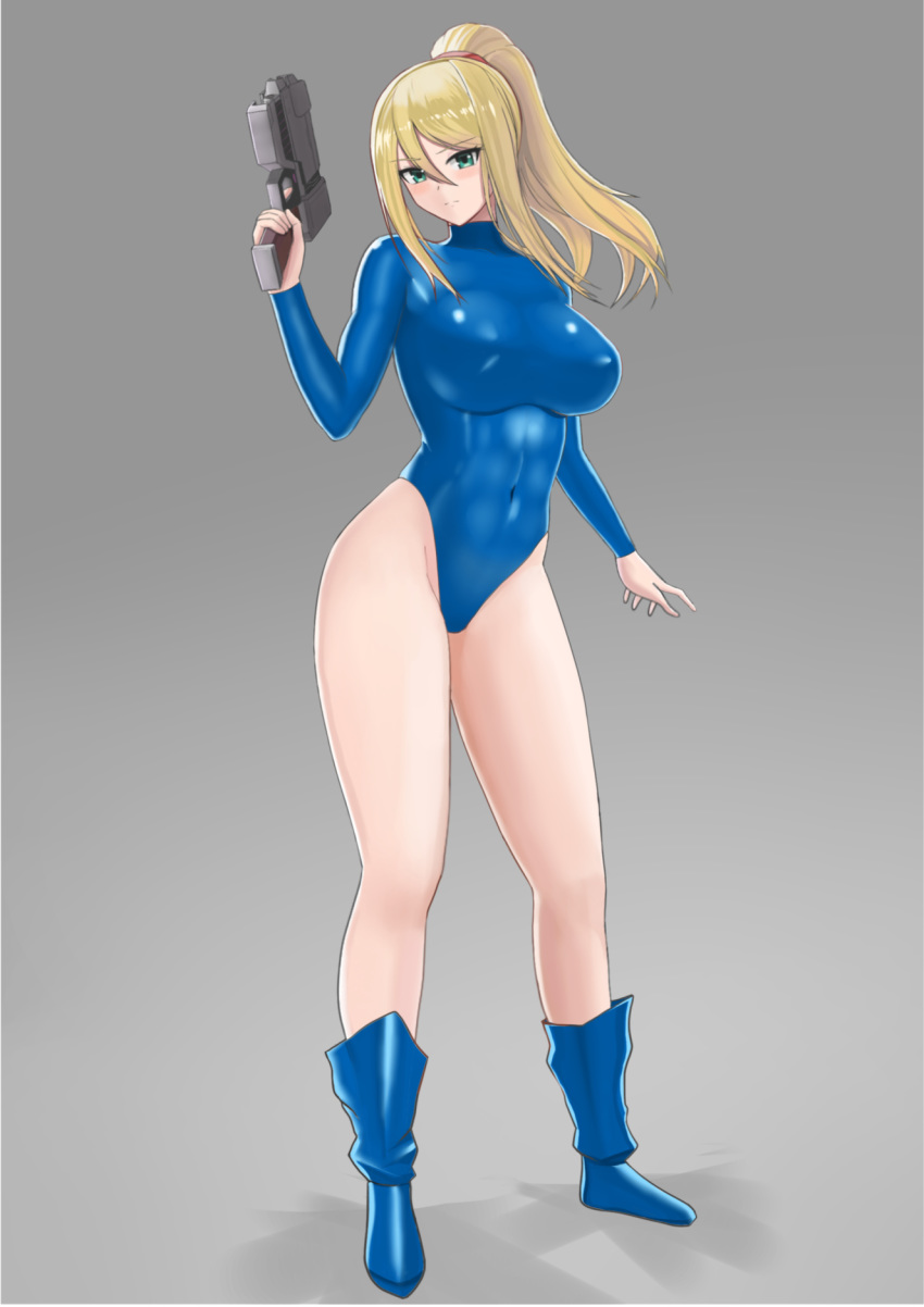 1girl blonde_hair blue_eyes boots breasts contrapposto covered_navel full_body gun highleg highleg_leotard highres higofushi large_breasts leotard long_hair looking_at_viewer metroid navy_blue_footwear navy_blue_leotard ponytail samus_aran skin_tight solo turtleneck weapon