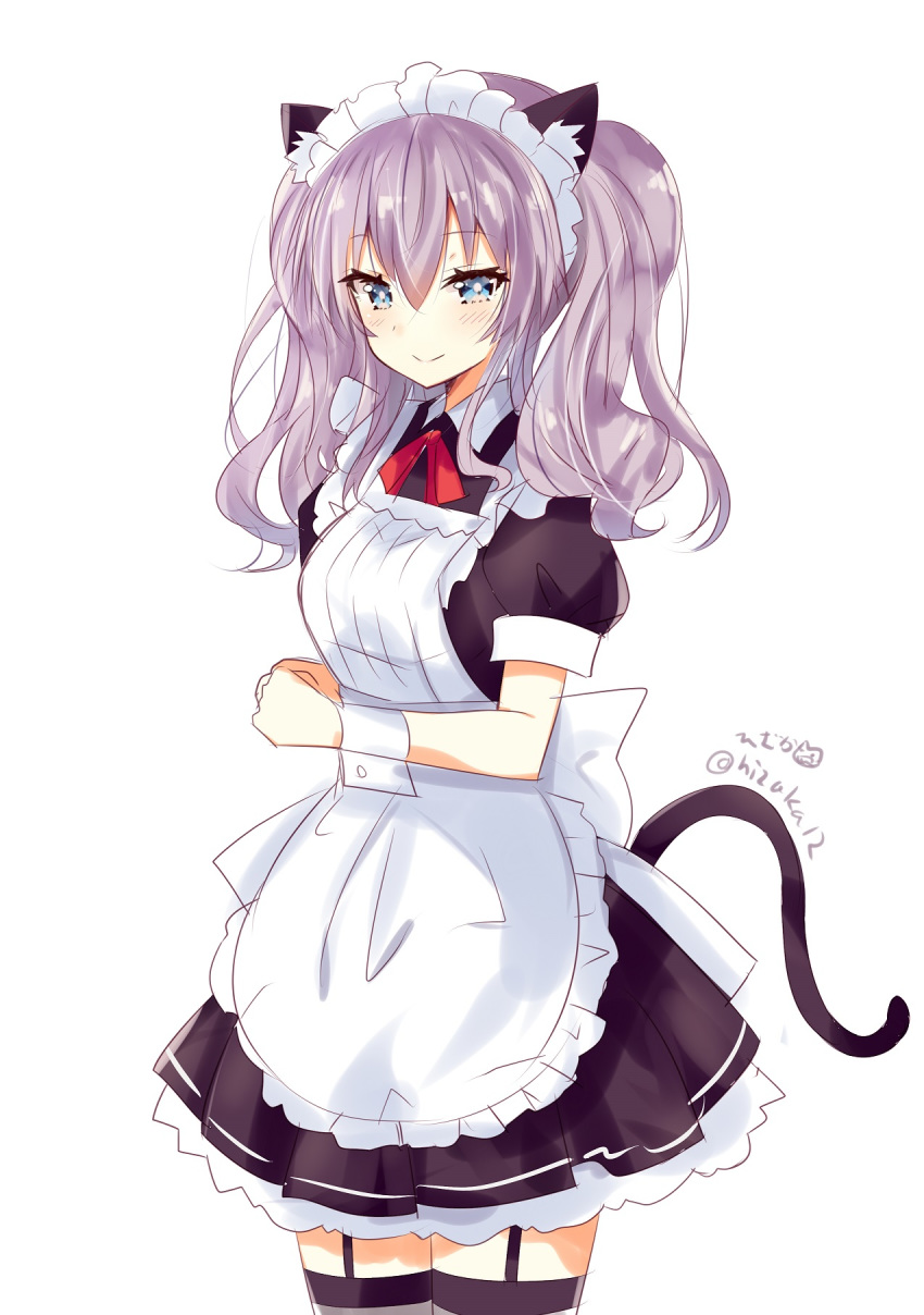 1girl alternate_costume animal_ears apron blue_eyes blush breasts cat_ears cat_tail dress eyebrows_visible_through_hair fake_animal_ears fake_tail frills hair_ornament highres hizaka kantai_collection kashima_(kantai_collection) large_breasts long_hair looking_at_viewer maid maid_apron maid_dress maid_headdress neck_ribbon puffy_sleeves red_ribbon ribbon short_sleeves silver_hair simple_background smile solo tail twintails twitter_username wavy_hair white_background