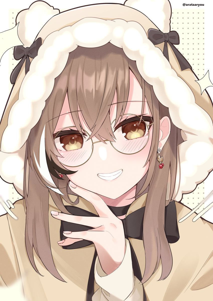 1girl absurdres arata_ryou black-framed_eyewear black_choker black_hair blush brown_hair brown_hood cherry_earrings choker earrings food-themed_earrings glasses highres hololive hololive_english hood hood_up jewelry long_hair looking_at_viewer multicolored_hair nanashi_mumei smile solo streaked_hair virtual_youtuber white_hair