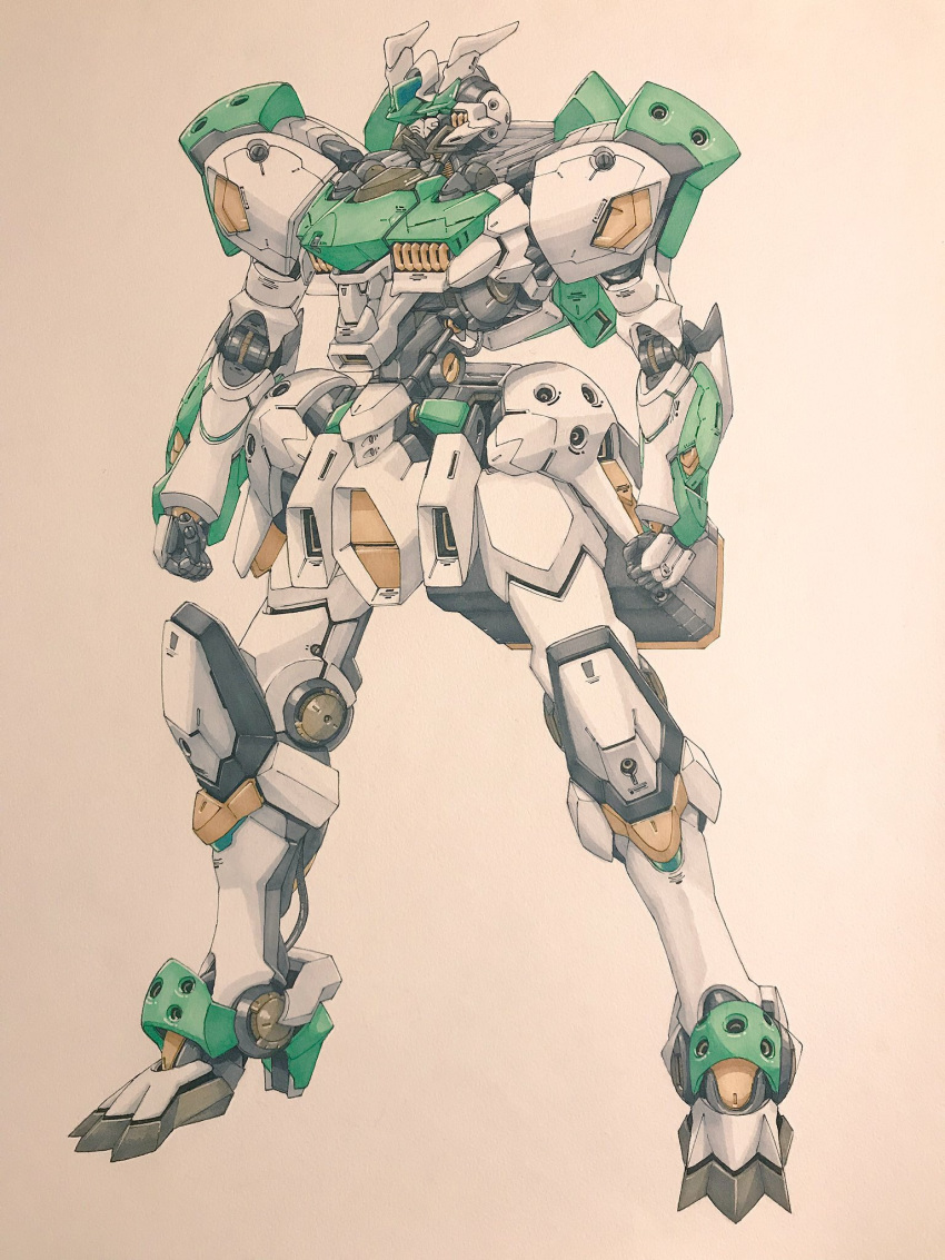 clenched_hands eclogue.566 green_eyes gundam gundam_tekketsu_no_orphans high_heels highres joints mecha no_humans original paper robot_joints simple_background solo standing