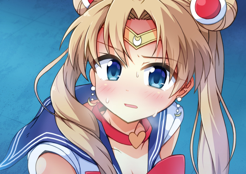 1girl bishoujo_senshi_sailor_moon blonde_hair blue_eyes blush bow choker circlet collarbone commentary_request crescent crescent_earrings crescent_moon derivative_work earrings eyebrows_visible_through_hair hair_between_eyes hair_ornament hair_over_shoulder highres jewelry long_hair looking_at_viewer moon open_mouth red_bow red_choker sailor_collar sailor_moon sailor_moon_redraw_challenge screencap_redraw short_sleeves signature solo sweatdrop tsukino_usagi twintails yuuhi_alpha
