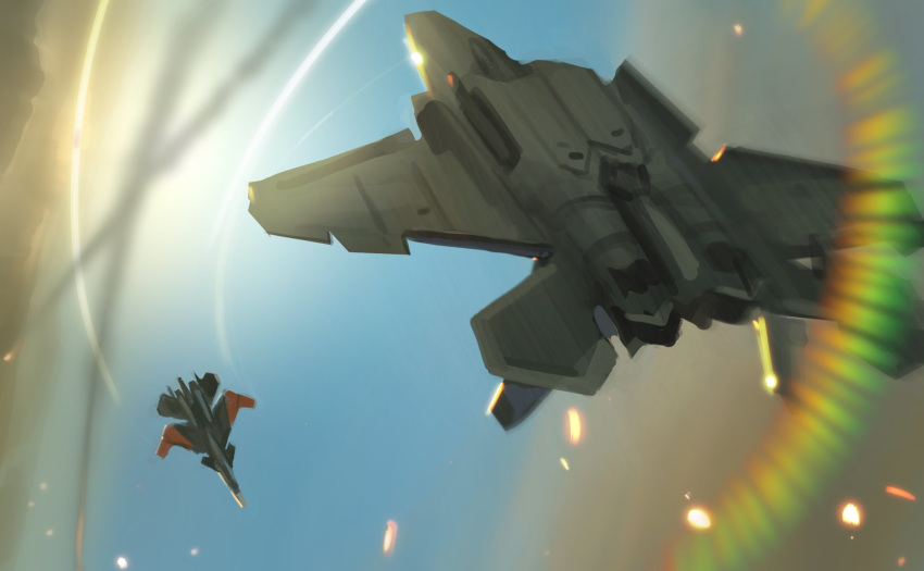 ace_combat ace_combat_7 aerial_battle aircraft airplane battle clouds dogfight fighter_jet highres jet lynchis mihaly_a_shilage military military_vehicle sky sun sun_flare sun_glare trigger_(ace_combat)