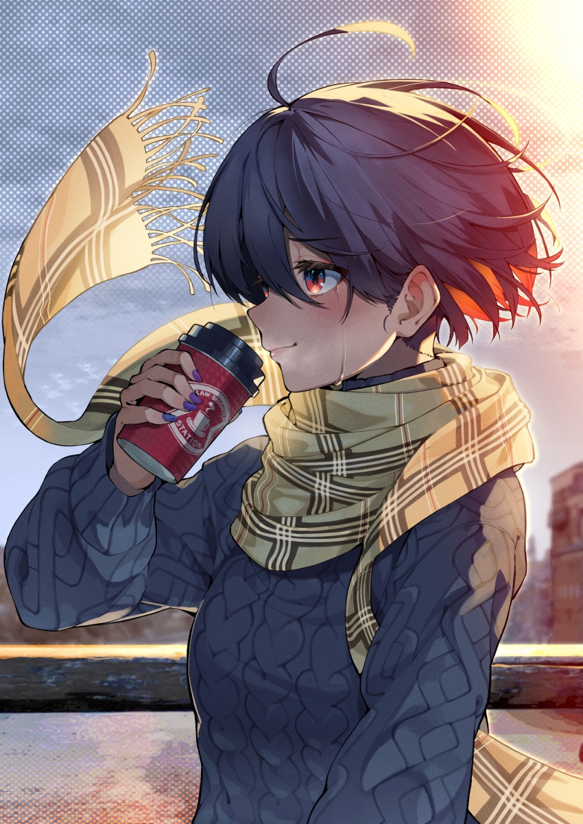 1girl ahoge bangs black_hair blue_sweater blurry blurry_background blush breasts building city coffee_cup colored_inner_hair commentary_request crying crying_with_eyes_open cup day disposable_cup eyebrows_visible_through_hair from_side hand_up highres holding holding_cup kabu_(niniko2ko) lips medium_breasts multicolored_hair original partial_commentary plaid plaid_scarf polka_dot polka_dot_background purple_nails scarf short_hair sky smile solo standing steam sun sunlight sweater tears upper_body winter yellow_scarf