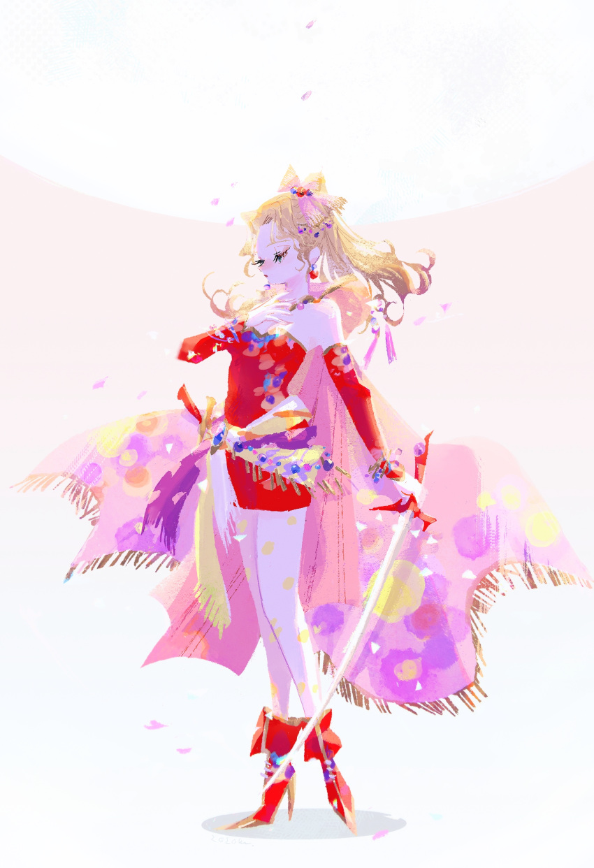1girl absurdres blonde_hair cape closed_eyes closed_mouth clothing_request copyright_request curly_hair dress earrings final_fantasy hair_ornament high_heels highres jewelry long_hair long_sleeves marina_(mrn9) moon pink_background red_dress red_footwear simple_background solo sword tassel tina_branford weapon white_background