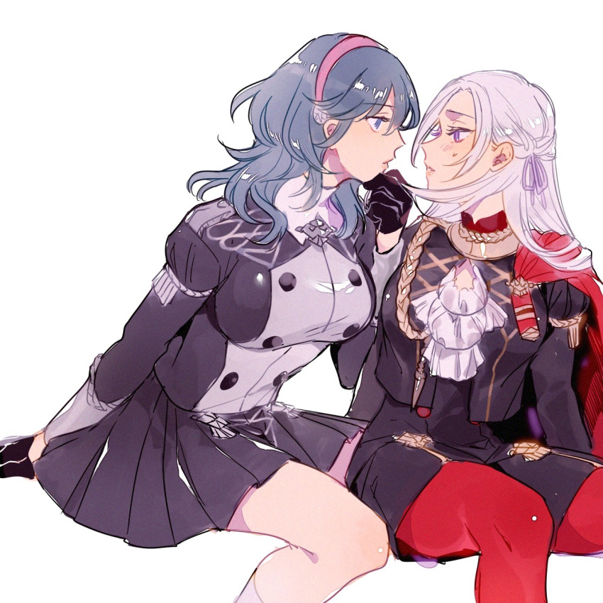 2girls aiguillette bangs bare_legs black_gloves black_shirt black_shorts black_skirt blue_eyes blue_hair blush breasts byleth_(fire_emblem) byleth_eisner_(female) capelet commentary cravat edelgard_von_hresvelg eyelashes face-to-face fire_emblem fire_emblem:_three_houses from_side garreg_mach_monastery_uniform gloves hair_between_eyes hair_ribbon hairband highres holding_another's_hair invisible_chair large_breasts lips long_hair long_sleeves medium_breasts medium_hair miniskirt mizuno_(iori-amu) multiple_girls pantyhose parted_bangs parted_lips pleated_skirt profile red_capelet red_legwear ribbon shirt shorts silver_hair simple_background sitting skirt straight_hair sweatdrop thighs violet_eyes white_background yuri