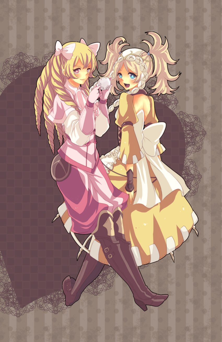2girls absurdres apron arm_belt ascot backless_dress backless_outfit blonde_hair blue_eyes boooo-im boots bow capelet corset cup dangle_earrings dress drill_hair earrings fire_emblem fire_emblem_awakening full_body gloves hair_bow hair_tie heart heart_background high_heel_boots high_heels highres holding holding_cup huge_bow jewelry leather leather_boots leather_gloves lissa_(fire_emblem) long_hair looking_at_viewer maribelle_(fire_emblem) messy_hair multiple_girls open_mouth pants pink_bow pink_capelet pink_eyes pink_gloves pink_pants polka_dot polka_dot_background smile striped teacup thigh-highs thigh_boots twintails vertical_stripes white_bow yellow_dress