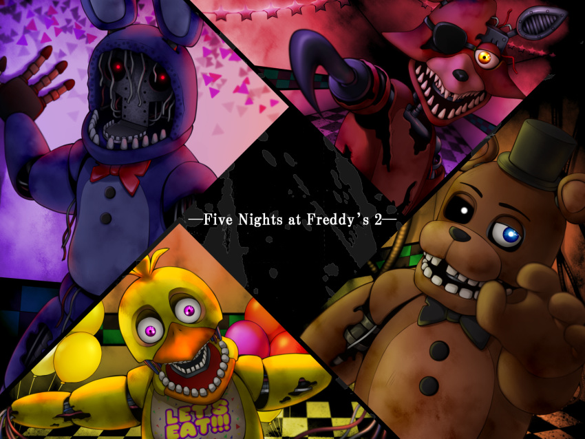 balloon blue_eyes bonnie_(fnaf) checkered checkered_floor chica commentary_request copyright_name five_nights_at_freddy's five_nights_at_freddy's_2 foxy_(fnaf) freddy_fazbear hallway highres horror_(theme) indoors looking_at_viewer teeth violet_eyes yakou_(pixiv10740516) yellow_eyes