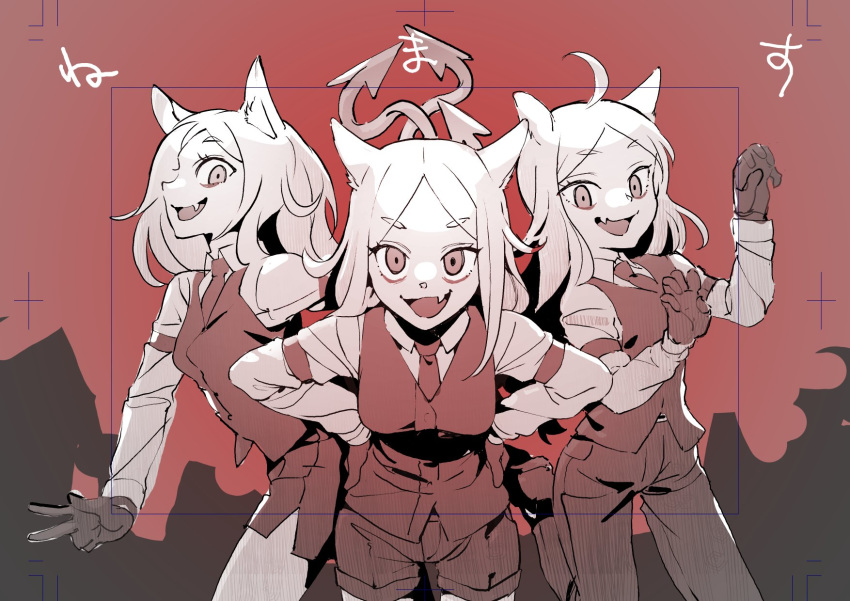 3girls animal_ears armband black_gloves black_neckwear black_pants black_shorts black_vest breasts cerberus_(helltaker) collared_shirt demon_girl demon_tail dog_ears eyebrows_visible_through_hair fang fangs formal gloves hands_on_hips hands_up helltaker highres long_hair long_sleeves looking_at_viewer matching_outfit medium_breasts monster_girl multiple_girls necktie neckwear oishii_ishiwata open_eyes open_mouth pants red_eyes red_shirt shirt shorts siblings sisters small_breasts smile suit tail triplets twins vest white_hair white_tail