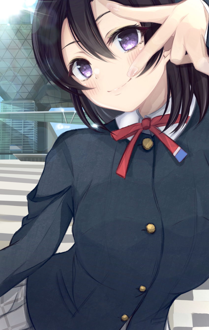 1girl absurdres bangs black_hair commentary_request highres long_sleeves love_live! love_live!_sunshine!! love_live!_sunshine!!_the_school_idol_movie_over_the_rainbow prelude_ls red_neckwear short_hair solo v violet_eyes watanabe_tsuki