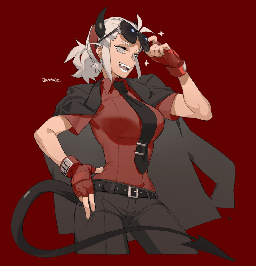 1girl bare_arms belt black_neckwear breasts character_name collared_shirt cowboy_shot cropped_legs demon_girl demon_horns demon_tail fangs fingerless_gloves gloves grey_eyes grey_hair grey_jacket grey_pants hairband hand_on_eyewear hand_on_hip hand_up helltaker highres horns jacket jacket_on_shoulders justice_(helltaker) knifedragon looking_at_viewer medium_hair necktie open_mouth pants red_background red_gloves red_hairband red_shirt shirt short_ponytail short_sleeves sidelocks simple_background smile solo sparkle sunglasses tail teeth wing_collar