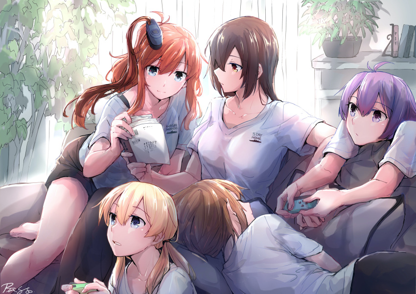 5girls absurdres alternate_costume bangs black_hair black_shorts blonde_hair book breasts brown_hair closed_eyes closed_mouth clothes_writing controller couch game_controller hair_ornament highres holding holding_book holding_game_controller indoors joy-con kantai_collection long_hair lying multiple_girls mutsu_(kantai_collection) nagato_(kantai_collection) nintendo_switch on_side open_mouth pin.s plant playing_games ponytail prinz_eugen_(kantai_collection) purple_hair sakawa_(kantai_collection) saratoga_(kantai_collection) shirt short_hair short_sleeves shorts side_ponytail signature sitting smokestack_hair_ornament stay_at_home twintails