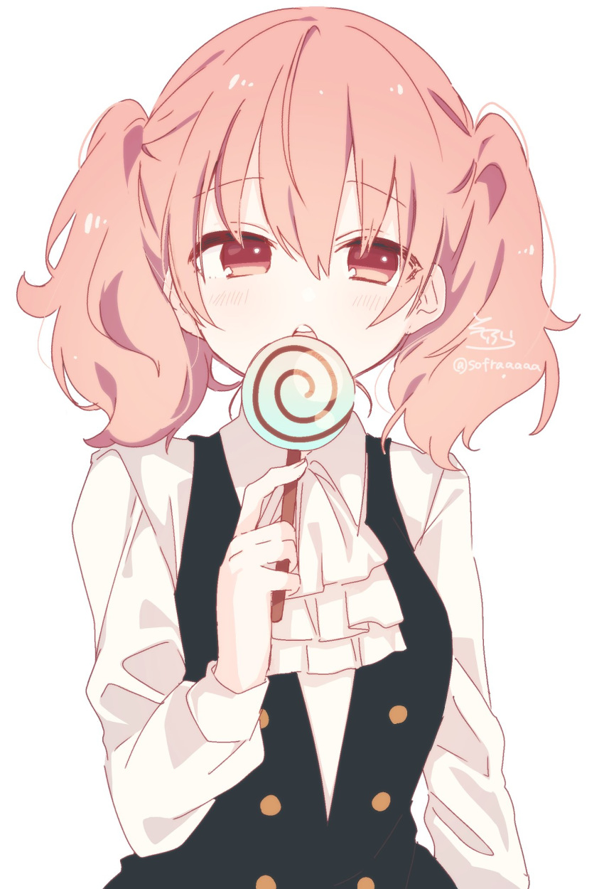 1girl bangs black_vest blush brown_eyes brown_hair candy collared_shirt commentary_request copyright_request eyebrows_visible_through_hair food hair_between_eyes hand_up highres holding holding_food holding_lollipop lollipop long_sleeves open_mouth shirt signature simple_background sofra solo swirl_lollipop twintails twitter_username upper_body upper_teeth vest white_background white_neckwear white_shirt