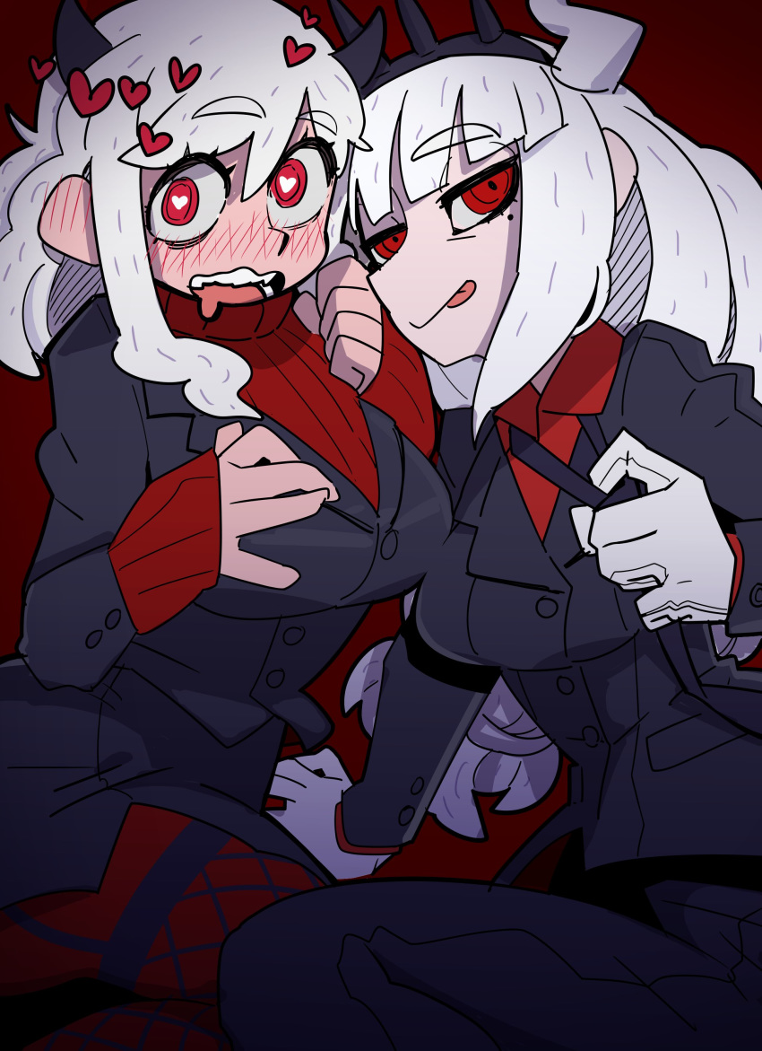 2girls absurdres artist_name black_horns black_jacket black_legwear black_miniskirt black_pants black_skirt black_suit blush breasts business_suit collared_shirt curly_hair demon_girl demon_horns eyebrows_visible_through_hair formal gloves hair_ornament hand_on_breast hands_on_own_breasts heart heart-shaped_pupils helltaker highres horns huge_breasts jacket large_breasts long_hair long_sleeves looking_at_viewer lucifer_(helltaker) medium_breasts medium_hair miniskirt modeus_(helltaker) mole mole_under_eye monster_girl multiple_girls pants pantyhose red_background red_eyes red_legwear red_shirt red_sweater ribbed_shirt saliva shirt short_hair simple_background sitting skirt sleeves_past_wrists solo sparrowl speech_bubble standing suit sweater symbol-shaped_pupils thigh-highs tongue tongue_out turtleneck undressing white_gloves white_hair white_horns