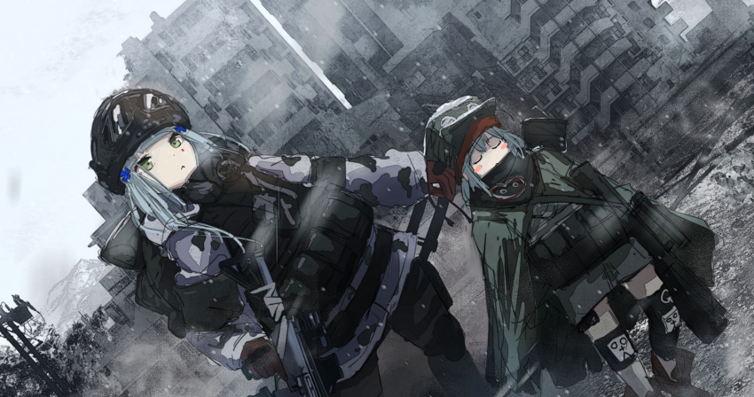 2girls :&lt; absurdres assault_rifle backpack bag blush_stickers boots cityscape closed_eyes commentary_request crossover dutch_angle facial_mark g11_(girls'_frontline) girls_frontline gloves goggles goggles_on_headwear green_eyes grey_eyes grey_hair gun h&amp;k_g11 h&amp;k_hk416 hair_ornament hat helmet highres hk416_(fang)_(girls'_frontline) hk416_(girls'_frontline) holding holding_gun holding_weapon kilabo knee_pads last_man_battalion long_hair mask military military_uniform multiple_girls official_alternate_costume outdoors red_gloves respirator rifle rogue_division_agent silver_hair snow snowing tom_clancy's_the_division uniform weapon winter_uniform