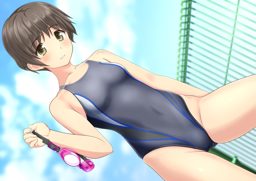 1girl absurdres ass_visible_through_thighs blue_sky brown_eyes brown_hair clouds competition_swimsuit contrapposto cowboy_shot day dutch_angle fence goggles goggles_removed grey_swimsuit highres holding_goggles logo looking_at_viewer one-piece_swimsuit original outdoors parted_lips short_hair sky solo swim_cap swim_cap_removed swimsuit takafumi
