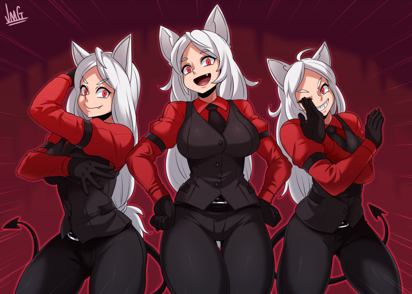 3girls :d absurdres ahoge animal_ears arm_strap bangs belt_buckle black_gloves black_neckwear black_pants black_vest breasts buckle cerberus_(helltaker) demon_girl demon_tail dog_ears fang fang_out gloves grin helltaker highres jmg large_breasts long_hair long_sleeves looking_at_viewer multiple_girls necktie one_eye_closed open_mouth pants parted_bangs pose red_eyes red_shirt shirt smile tail teeth triplets vest white_hair