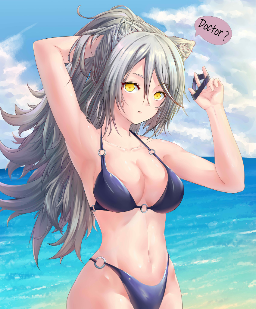 1girl absurdres animal_ear_fluff animal_ears arknights arm_up armpits bare_arms bare_shoulders bikini blue_bikini blue_sky breasts cat_ears clouds collarbone commentary day hair_tie hand_in_hair hand_up highres large_breasts long_hair looking_at_viewer lord_boros_(bouluosi) navel o-ring o-ring_bikini outdoors schwarz_(arknights) silver_hair sky solo speech_bubble stomach swimsuit upper_body water yellow_eyes