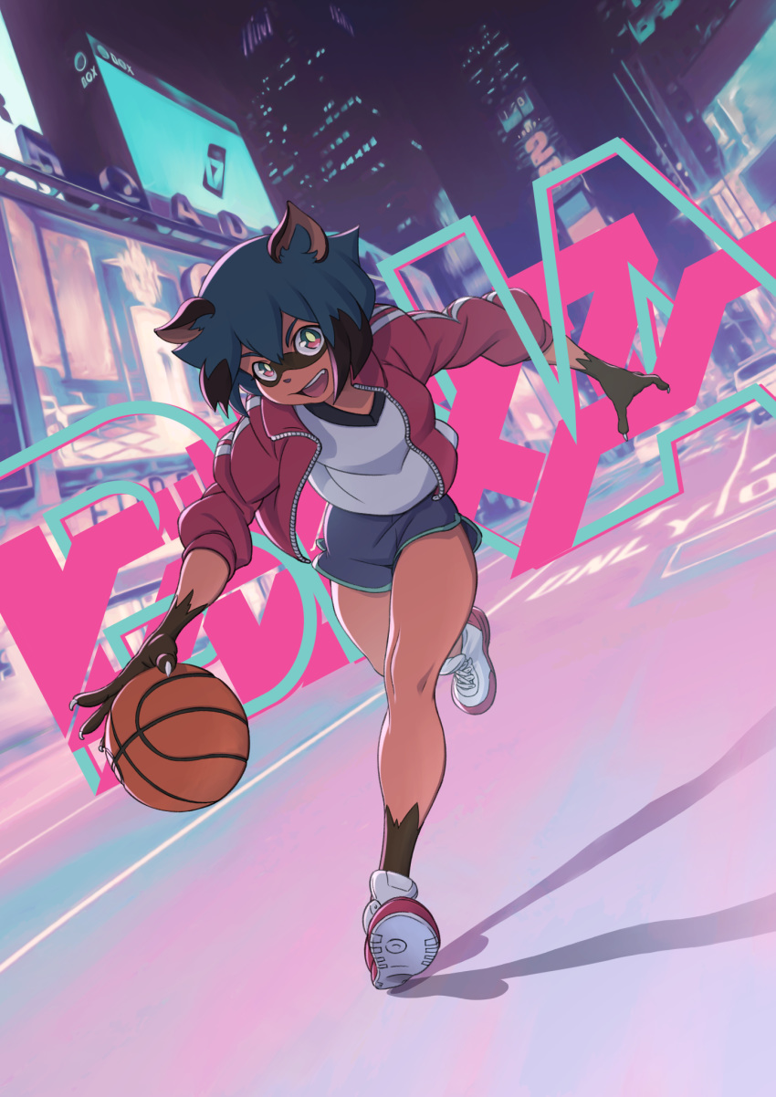 1girl :d animal_ears animal_nose bare_legs basketball black_hair blue_hair brand_new_animal brown_eyes building city claws copyright_name dutch_angle full_body furry highres jacket kagemori_michiru kobu_ride looking_at_viewer multicolored_hair night no_socks open_clothes open_jacket open_mouth outdoors playing_sports raccoon_girl road running shoe_soles shoes short_hair short_shorts shorts skyscraper sleeves_pushed_up smile sneakers solo sport street track_jacket two-tone_hair