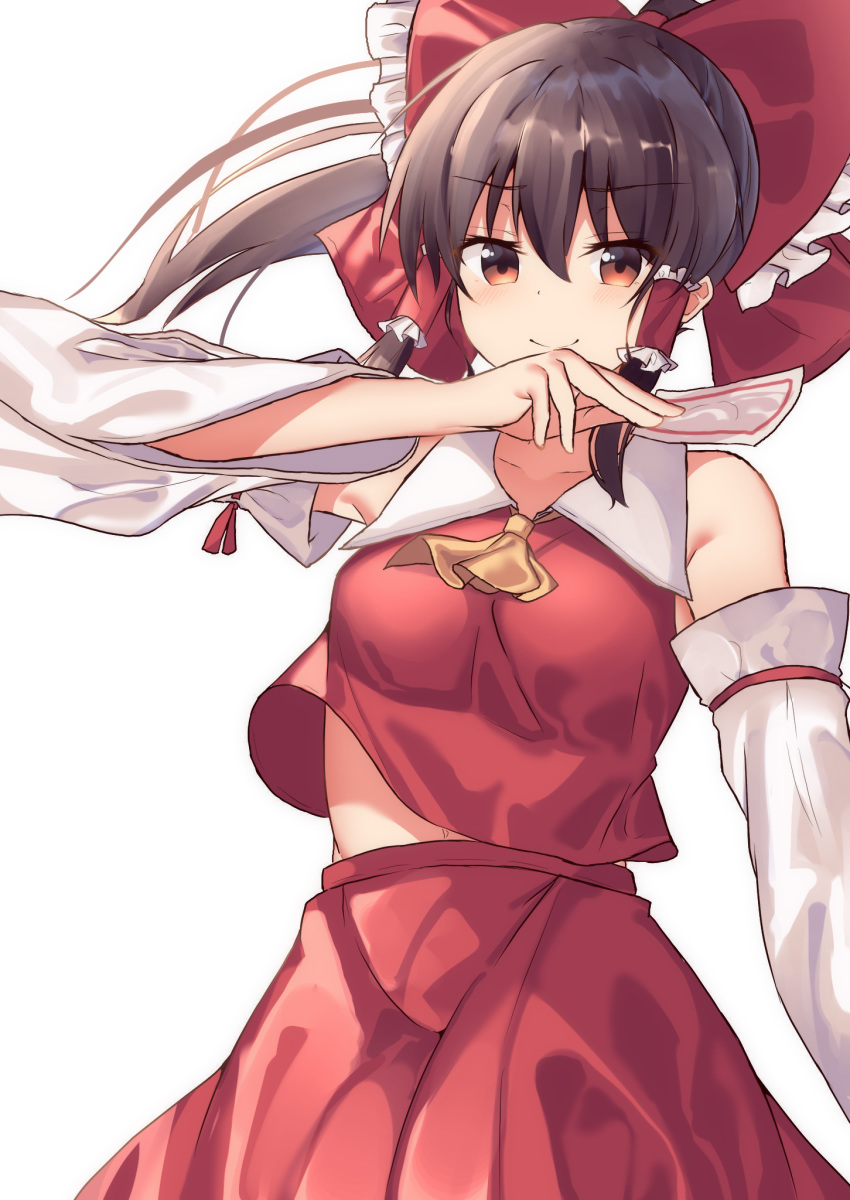 1girl bare_shoulders blush bow brown_hair detached_sleeves hair_between_eyes hair_bow hair_tubes hakurei_reimu hand_up highres holding kmuccu looking_at_viewer midriff navel nontraditional_miko ponytail red_bow red_eyes red_skirt red_vest sidelocks simple_background skirt smile solo talisman touhou vest vest_lift white_background white_sleeves wide_sleeves wind wind_lift yellow_neckwear