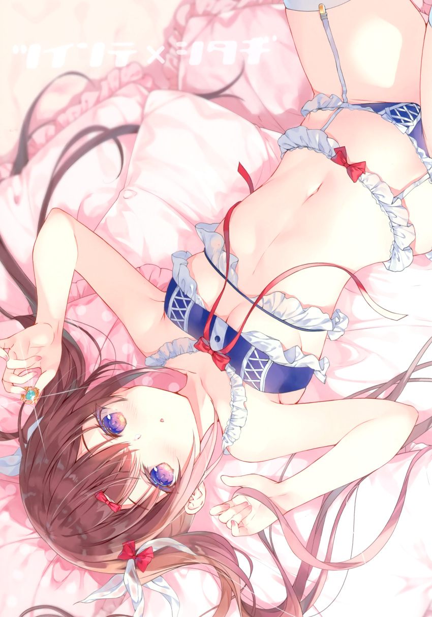 1girl absurdres armpits bare_arms bare_shoulders blue_bra blue_panties blurry bow bra breasts brown_hair collarbone depth_of_field frilled_bra frilled_panties frills garter_belt garter_straps glint hair_bow hands_up highres holding lingerie long_hair looking_at_viewer lying medium_breasts miwabe_sakura navel on_back original panties pillow red_bow scan smile solo stomach twintails underwear underwear_only upside-down violet_eyes