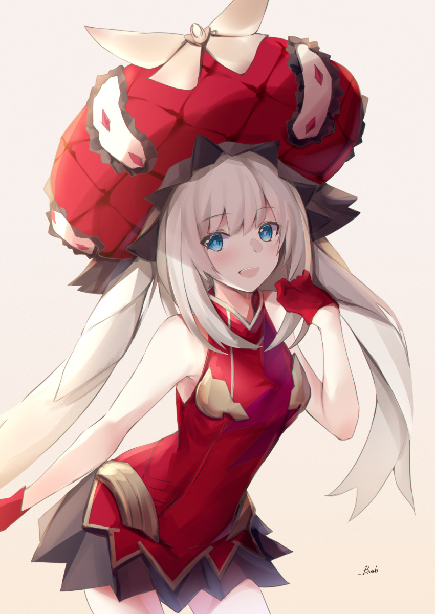 1girl absurdres bangs bare_arms bare_shoulders bee_doushi black_skirt blue_eyes blush commentary_request cowboy_shot eyebrows_visible_through_hair fate/grand_order fate_(series) frilled_hat frills gloves grey_background hair_between_eyes half_gloves hand_up hat highres long_hair looking_at_viewer marie_antoinette_(fate/grand_order) pleated_skirt red_gloves red_headwear red_shirt shirt sidelocks signature simple_background skirt sleeveless sleeveless_shirt solo twintails very_long_hair