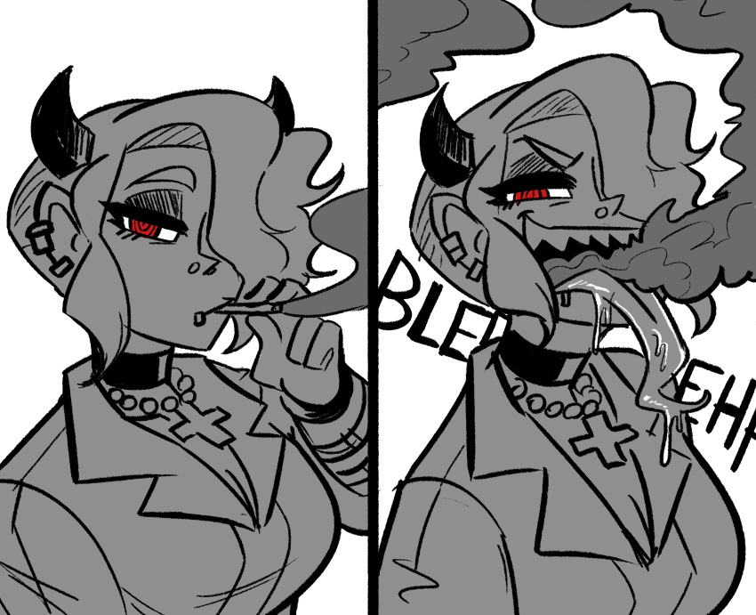 absurdres cigarette ear_piercing hair_over_one_eye helltaker highres horns lip_piercing nose_piercing piercing red_eyes scruffyturtles sharp_teeth smile smoking teeth zdrada_(helltaker)