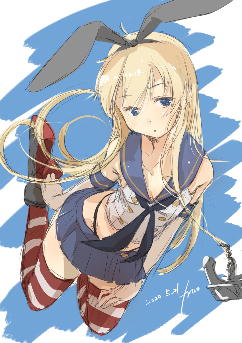1girl anchor_hair_ornament black_hairband black_neckwear black_panties blonde_hair blue_background blue_sailor_collar blue_skirt crop_top dated elbow_gloves fyuo gloves grey_eyes hair_ornament hairband highleg highleg_panties highres kantai_collection long_hair looking_at_viewer microskirt miniskirt neckerchief panties pleated_skirt sailor_collar shimakaze_(kantai_collection) signature skirt solo striped striped_legwear thigh-highs two-tone_background underwear white_gloves