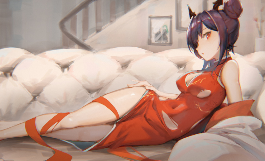 1girl arknights bangs bare_legs bare_shoulders breasts ch'en_(arknights) china_dress chinese_clothes cleavage_cutout commentary_request couch covered_navel dragon_horns dress eyyy feet_out_of_frame hair_bun highres horns hoshiguma_(arknights) indoors looking_at_viewer medium_breasts parted_lips picture_frame purple_hair railing red_dress red_eyes short_hair sleeveless sleeveless_dress solo thighs