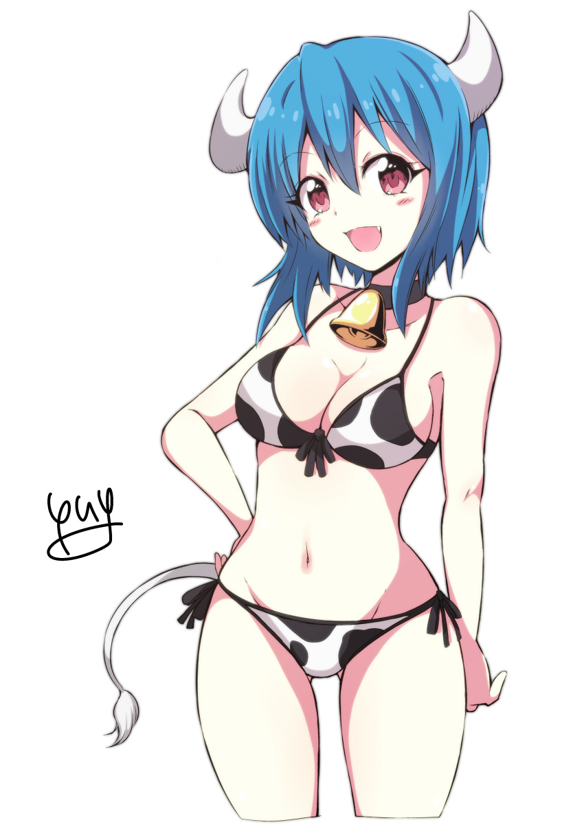 1girl :d absurdres animal_print ass_visible_through_thighs bell bell_choker bikini black_choker black_ribbon blue_hair blush breasts choker cow_girl cow_horns cow_print cow_tail cropped_legs fang front-tie_bikini front-tie_top groin hand_on_hip highres horns jashin-chan_dropkick large_breasts looking_at_viewer minos_(jashin-chan_dropkick) navel open_mouth print_bikini red_eyes ribbon side-tie_bikini signature simple_background smile solo standing swimsuit tail white_background yyuki317