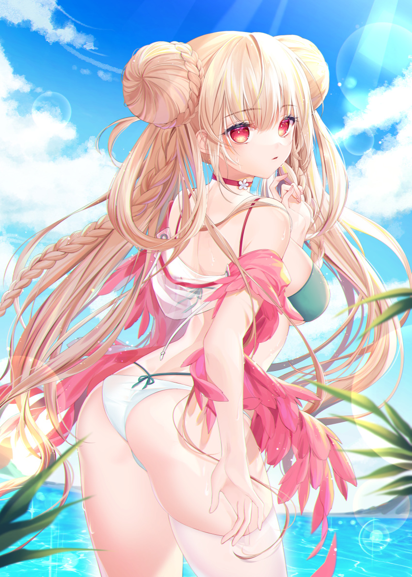 1girl absurdres aqua_bikini ass azur_lane back bangs bare_shoulders bikini blue_sky blush braid braided_bun breasts choker clouds day double_bun eyebrows_visible_through_hair feather_boa formidable_(azur_lane) formidable_(the_lady_of_the_beach)_(azur_lane) gradient_sky hair_between_eyes highres large_breasts long_hair looking_at_viewer multi-strapped_bikini naru_0 ocean outdoors red_choker red_eyes sidelocks single_thighhigh sky solo swimsuit thigh-highs thighs very_long_hair water water_drop white_legwear