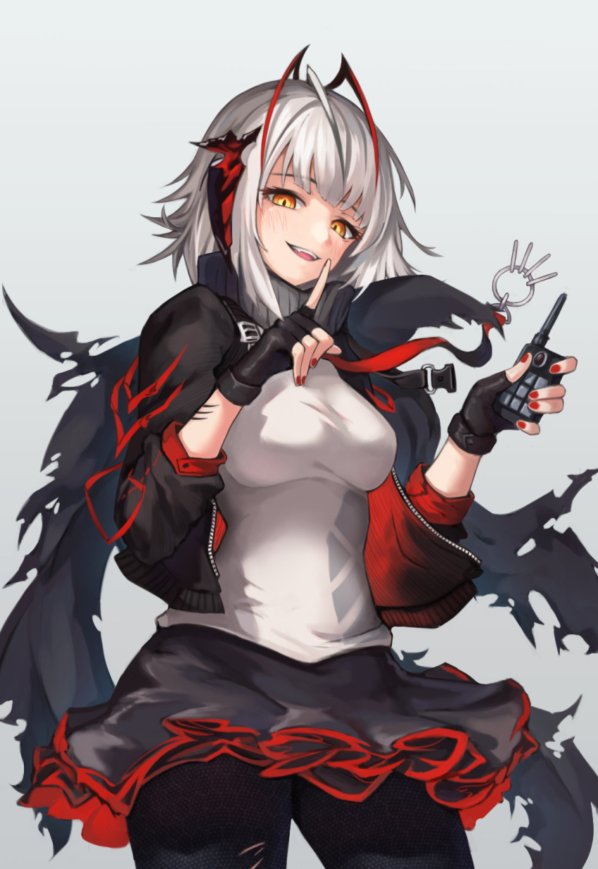 1girl arknights bangs black_gloves black_jacket black_legwear black_skirt breasts commentary_request eyebrows_visible_through_hair fangs fingerless_gloves gloves grey_background grey_shirt highres holding horns jacket looking_at_viewer miniskirt miso_(b7669726) open_clothes open_jacket pantyhose red_eyes red_jacket red_nails red_skirt scarf shirt short_hair silver_hair simple_background skirt smile solo torn_scarf w_(arknights)