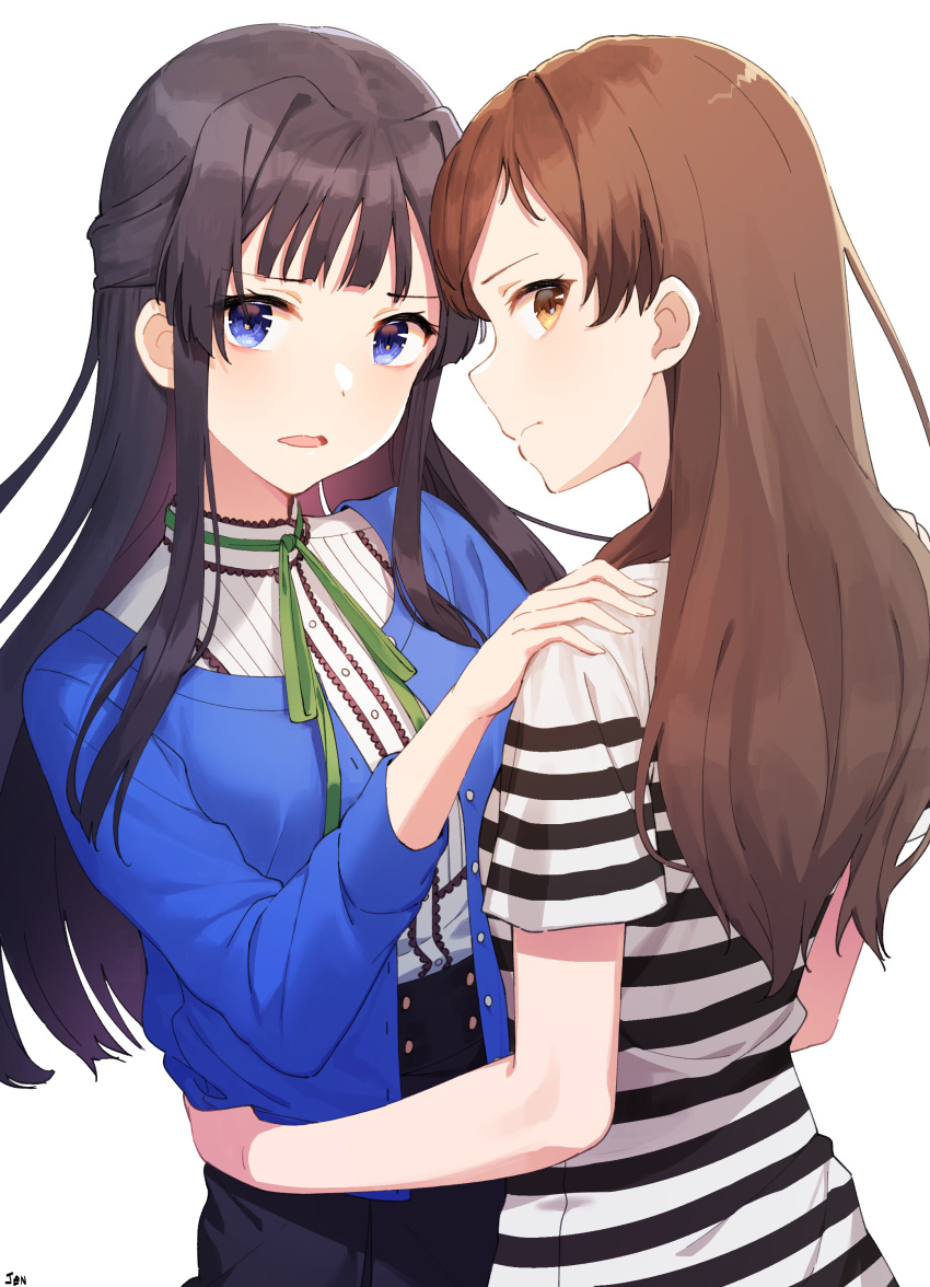 2girls absurdres arjent bangs black_hair blue_eyes blue_shirt blush brown_eyes brown_hair closed_mouth hair_intakes hands_on_another's_shoulders hands_on_hips highres idolmaster idolmaster_million_live! kitazawa_shiho long_hair mogami_shizuka multiple_girls open_mouth profile shirt simple_background standing striped striped_shirt upper_body white_background