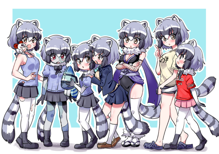 6+girls adapted_costume alternate_costume animal_ears bare_legs bare_shoulders black_legwear black_neckwear black_skirt blue_hair blue_sweater blush bow bowtie brown_eyes commentary_request common_raccoon_(kemono_friends) crocs crossed_arms denim denim_shorts elbow_gloves eyebrows_visible_through_hair fang fishnets full_body fur_collar gloves grey_hair hand_on_another's_shoulder height_difference highres holding_hands kemono_friends long_sleeves lucky_beast_(kemono_friends) multicolored_hair multiple_girls multiple_views navy_blue_jacket navy_blue_shirt ngetyan open_mouth palcoarai-san_(kemono_friends) pantyhose patchwork_skin pink_sweater pleated_skirt raccoon_ears raccoon_girl raccoon_tail red_eyes red_shirt school_uniform shirt short_hair short_shorts short_sleeves shorts simple_background skirt sleeveless socks sweat sweater t-shirt tail thigh-highs torn_clothes torn_legwear translation_request white_hair white_legwear yellow_shirt zettai_ryouiki zombie