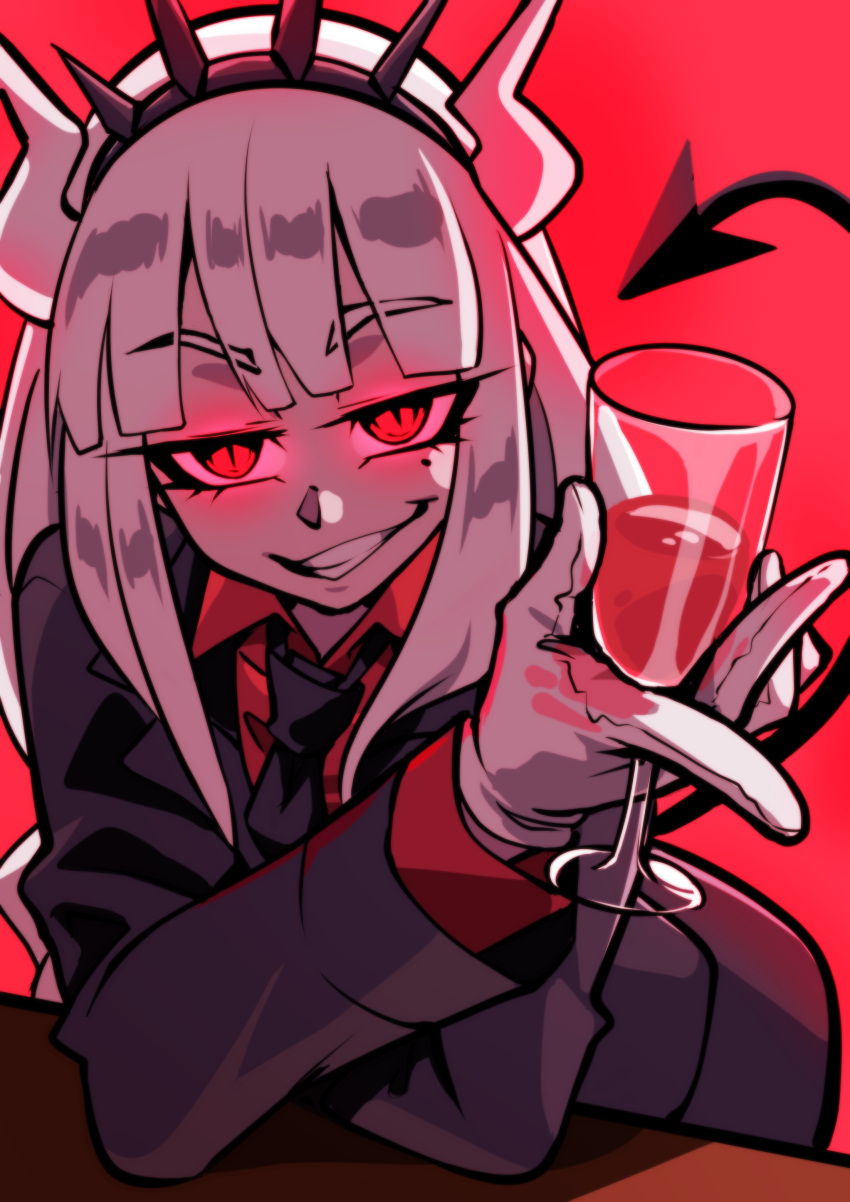 1girl absurdres alcohol aya_yanagisawa black_jacket black_neckwear black_tail breasts business_suit collared_shirt cup demon_girl demon_horns demon_tail drinking_glass eyebrows_visible_through_hair formal gloves glowing glowing_eyes hair_ornament helltaker highres holding holding_cup horns jacket long_hair long_sleeves looking_at_viewer lucifer_(helltaker) mole mole_under_eye monster_girl necktie neckwear red_background red_eyes red_shirt shirt simple_background smile smirk solo suit tail upper_body very_long_hair white_gloves white_hair white_horns wine wine_glass