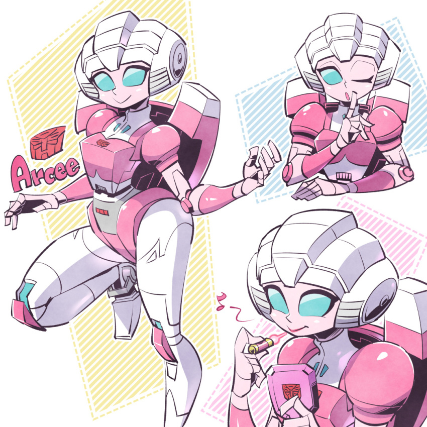 applying_makeup arcee autobot blue_eyes insignia lipstick makeup mecha mecha_musume multiple_views no_humans one_eye_closed open_mouth robot smile solo sunafuki_tabito transformers