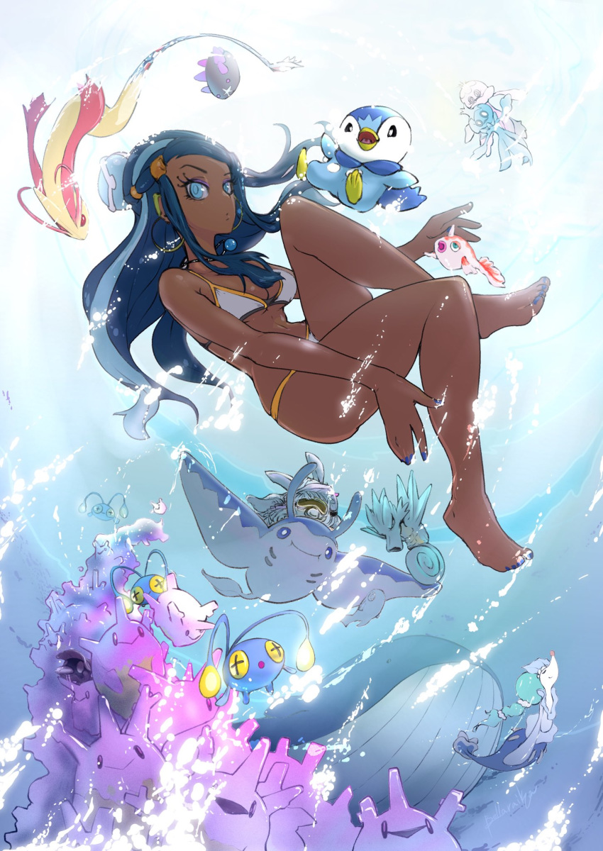 1girl artist_name backlighting barefoot bellaraika bikini blue_eyes blue_hair blue_nails breasts bubble closed_mouth corsola dark_skin day diving_mask earrings eyeshadow gen_1_pokemon gen_2_pokemon gen_3_pokemon gen_4_pokemon goldeen hair_bun hair_ornament highres hoop_earrings horse jewelry leg_up long_hair makeup mantine mascara medium_breasts nail_polish necklace piplup pokemon pokemon_(game) pokemon_swsh rurina_(pokemon) signature skindentation snorkel solo submerged swimsuit toenail_polish underwater wailord water white_bikini